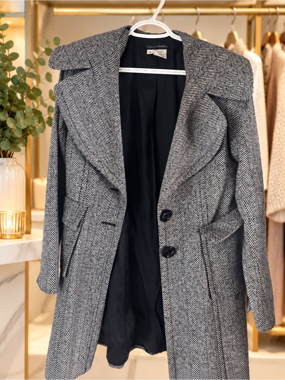 Franco Mirabelli Wool Herringbone Coat | Black & White | Size 4